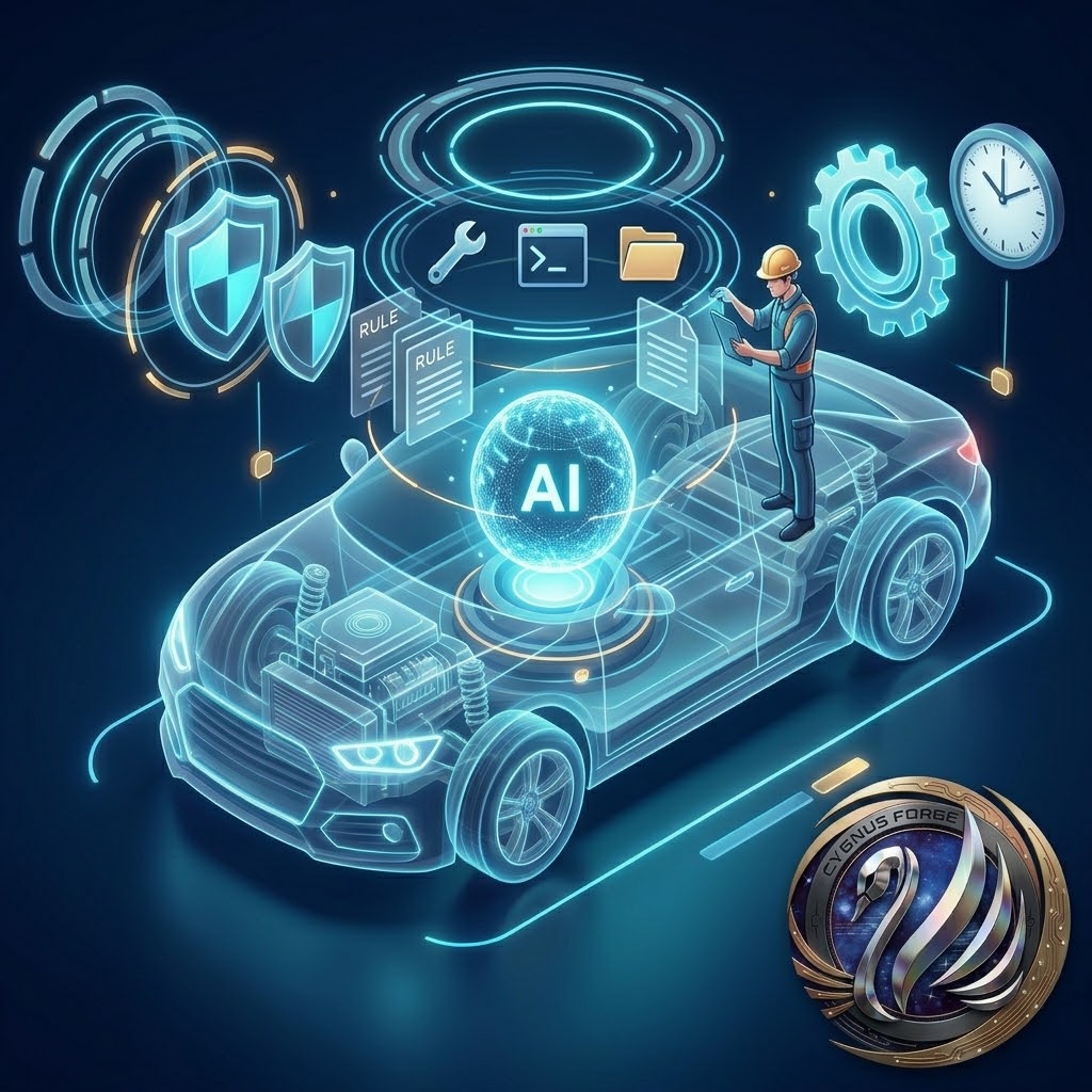Ilustração de um carro holográfico transparente com um núcleo de IA no centro, cercado por camadas de regras, ferramentas, permissões e verificações, com um engenheiro ajustando o conjunto