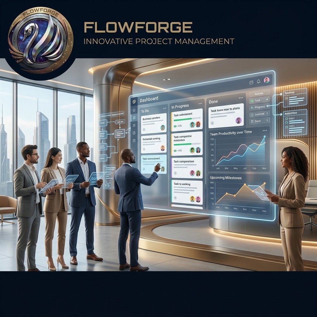 Conceito visual do FlowForge — dashboard com quadro Kanban, gráfico de produtividade do time e próximos marcos